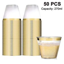 50 Pack - 9 Oz Plastic Cocktail Glass,sturdy Rimmed Plastic Cups Clear Cup Disposable Wedding Cup, Birthday Anniversary Party Cup - Gold Rim