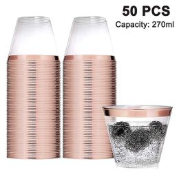 50 Pack - 9 Oz Plastic Cocktail Glass,sturdy Rimmed Plastic Cups Clear Cup Disposable Wedding Cup, Birthday Anniversary Party Cup - Rose gold Rim