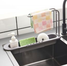 Kitchen Telescopic Sink Shelf Drainer Rack Kitchen Organizer Soap Sponge Holder Towel Rack Storage Basket Kitchen Accessories - Grey - China