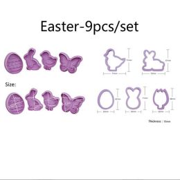 Easter Decoration Egg Rabbit Chick Butterfly Shape Cookies Cutter Plastic Fondant Biscuit Cake Mold - Purple - 9pcs/set