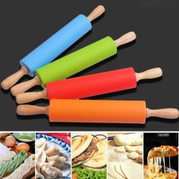 30cm Wooden Handle Silicone Rolling Pin Non-Stick Kitchen Baking Cooking Tool - Green