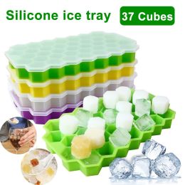 Silicone 37 Cubes Honeycomb Shape Ice Cube Maker Tray Mold Storage Container - Yellow - with lids