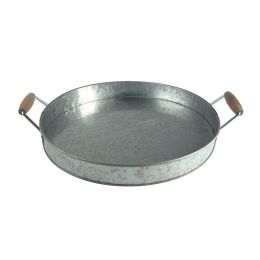 Round Galvanized Metal Serving Tray With Wooden Handles, Gray - I457-AMC0002