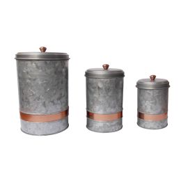 Galvanized Metal Lidded Canister With Copper Band, Set of Three, Gray - I457-AMC0014
