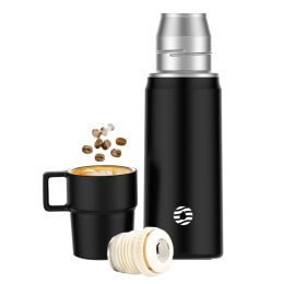 Healter 850ml Travel Vacuum Flask, Water Thermos Bottle for Coffee, Built-in Lid Cup, Stainless Steel, Thermal Tea Mug, Sport Bottles - Black