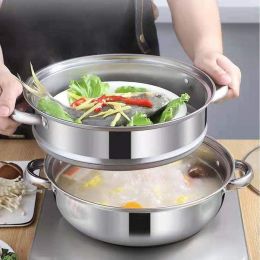 Stainless Steel Stack And Steam Pot Set With Lid 2 Tier Steamer Pot Steaming Cookware For Kitcken Cooking - 11inch