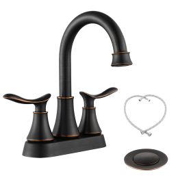 2-Handle 4-Inch Oil Rubbed Bronze Bathroom Faucet, Bathroom Vanity Sink Faucets with Pop-up Drain and Supply Hoses  - Oil-Rubbed Bronze