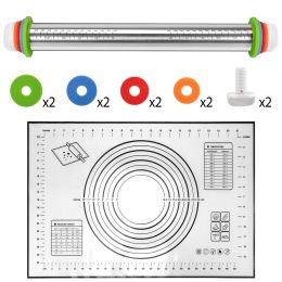 Dough Rolling Pin Dough Roller Stainless Steel Rolling Pins with 4 Removable Adjustable Thickness Rings and Rolling Mat  - Black