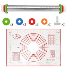 Dough Rolling Pin Dough Roller Stainless Steel Rolling Pins with 4 Removable Adjustable Thickness Rings and Rolling Mat  - Red