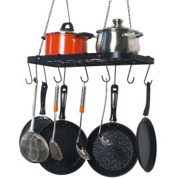 Pot Rack Ceiling Mount Cookware Rack Hanging Hanger Organizer with Hooks - Black
