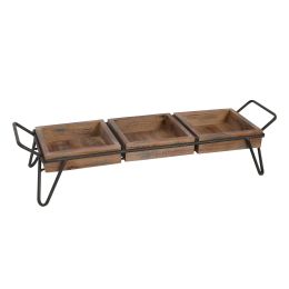 DunaWest Artisinal Wood Serving Tray, 3 Seperate Sections and Metal Frame, Brown, Black - Default