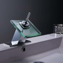 Low-Arc Polished Chrome Single Hole Waterfall Bathroom Faucet Single-Handle Glass Spout Faucet - other
