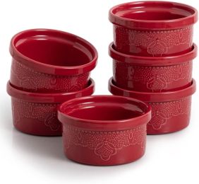 FE Ramekins, Lace Emboss Ramekin 8 Oz Oven Safe, Creme Brulee Set Of 6, Ceramic Souffle Dish For Baking Dessert And Cake - Red