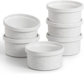 FE Ramekins, Lace Emboss Ramekin 8 Oz Oven Safe, Creme Brulee Set Of 6, Ceramic Souffle Dish For Baking Dessert And Cake - White