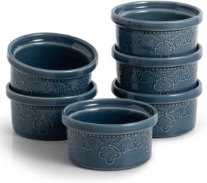 FE Ramekins, Lace Emboss Ramekin 8 Oz Oven Safe, Creme Brulee Set Of 6, Ceramic Souffle Dish For Baking Dessert And Cake - Green