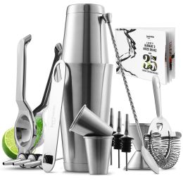 Bartender Kit Complete Cocktail Shaker Bar Tools Set with Lemon Squeezer - Silver