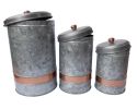 Galvanized Metal Lidded Canister With Copper Band, Set of Three, Gray - I457-AMC0014